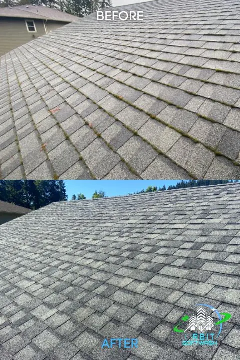 Asphalt shingle roof in Clackamas, OR before and after moss treatment by Orbit Soft Wash