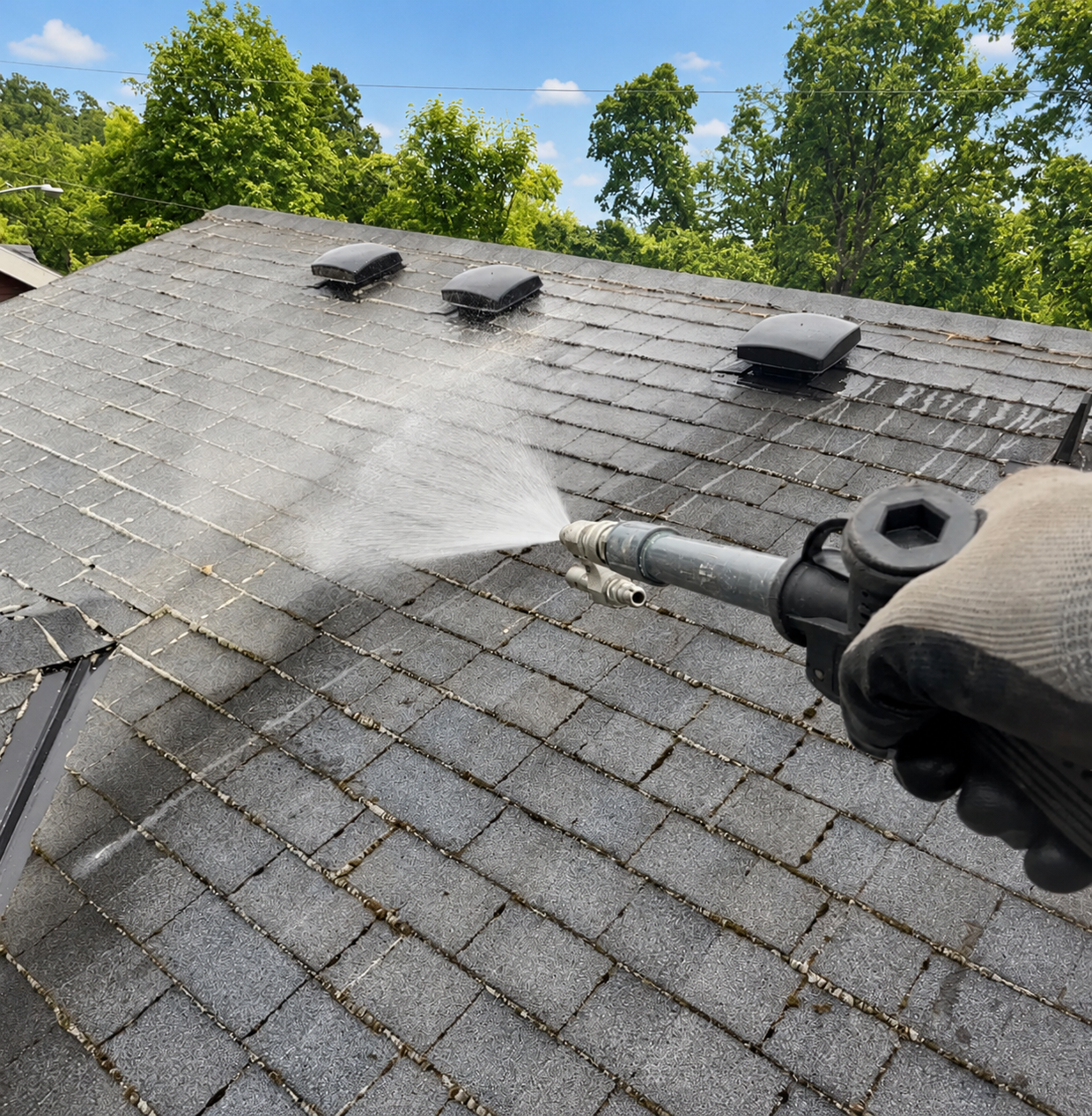 Orbit Soft Wash applying roof moss treatment