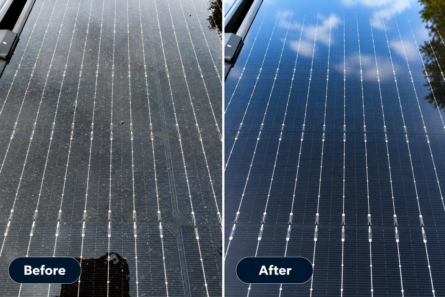 Before and after comparison of a dirty solar panel and a clean solar panel
