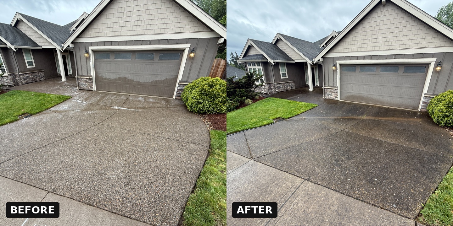 Clackamas driveway before and after pressure washing by Orbit Soft Wash